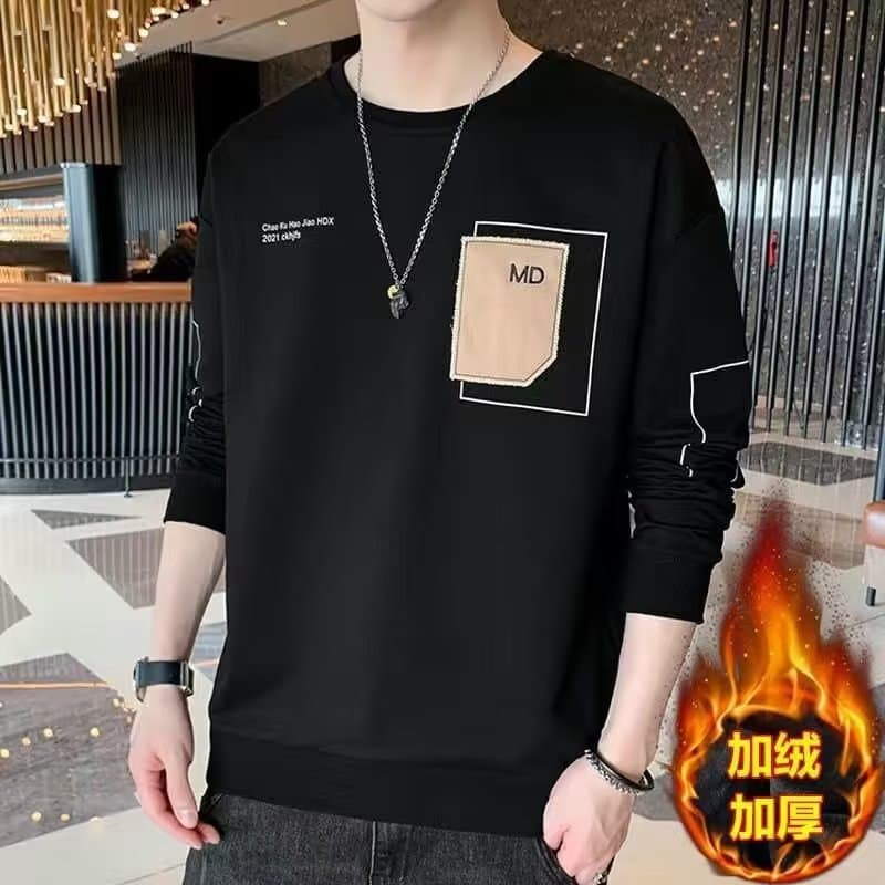 Autumn Winter Men's Fleece-Lined Thickened Crewneck Sweatshirt Long Sleeve T-Shirt Trendy Loose Men's Outerwear Tops Wholesale