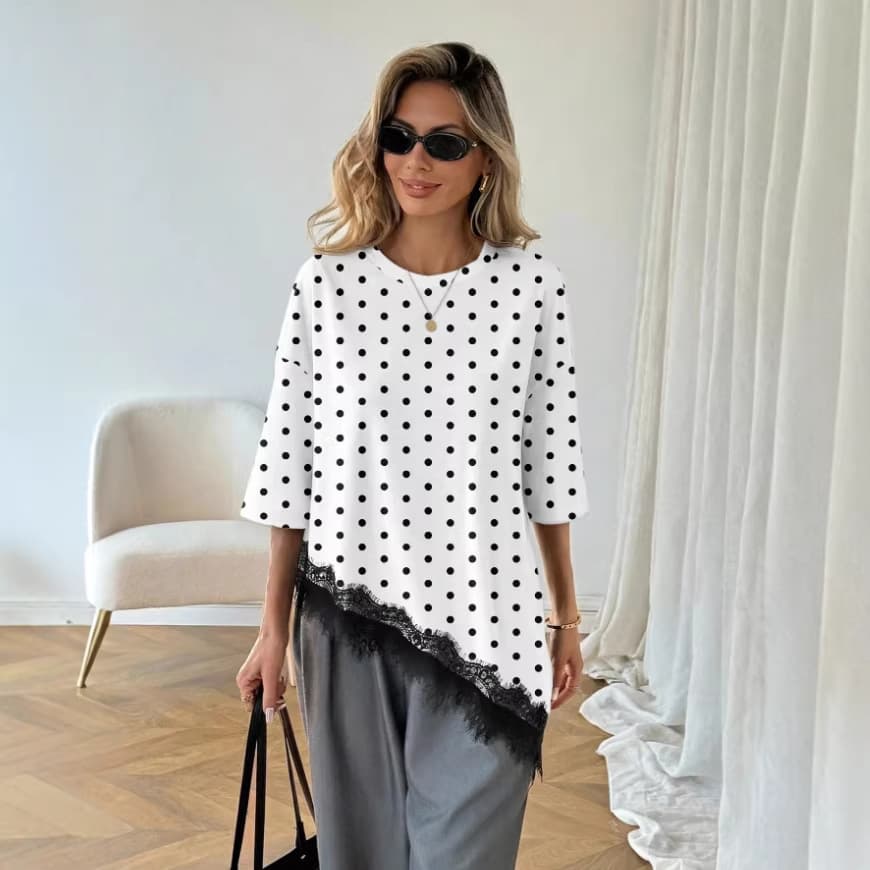 2026 Summer Cross-border Amazon New Polka Dot Top Fashion Asymmetrical Lace Patchwork Premium T-Shirt for Women
