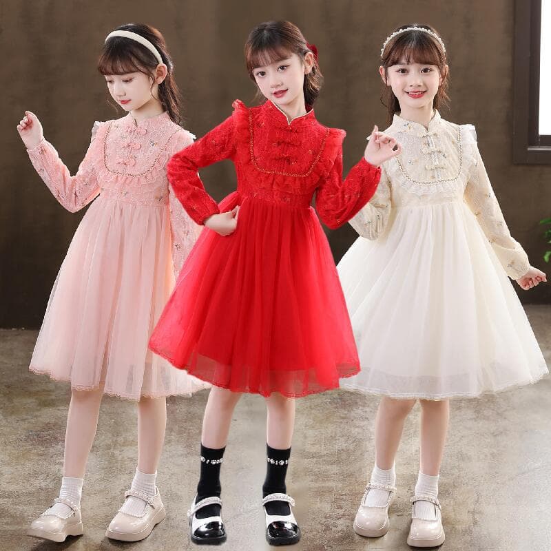 Girls' Dress, Spring Outfit, Improved Cheongsam, Princess Dress, Red Chinese Style Tutu Dress, Performance Dress, Gauze Skirt
