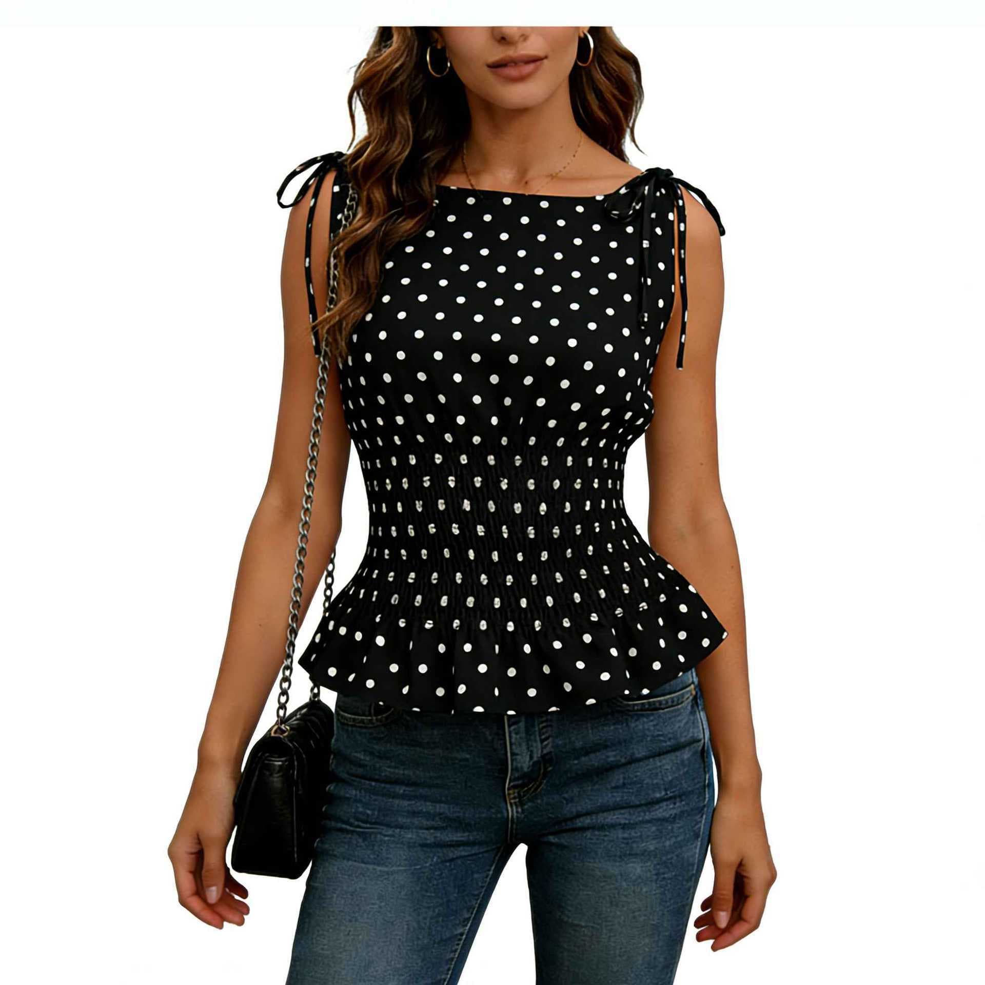 In-Stock Summer New European and American Style Polka Dot Print Niche Personality Spicy Girl Off-Shoulder Slim-Fit Design Tank Top