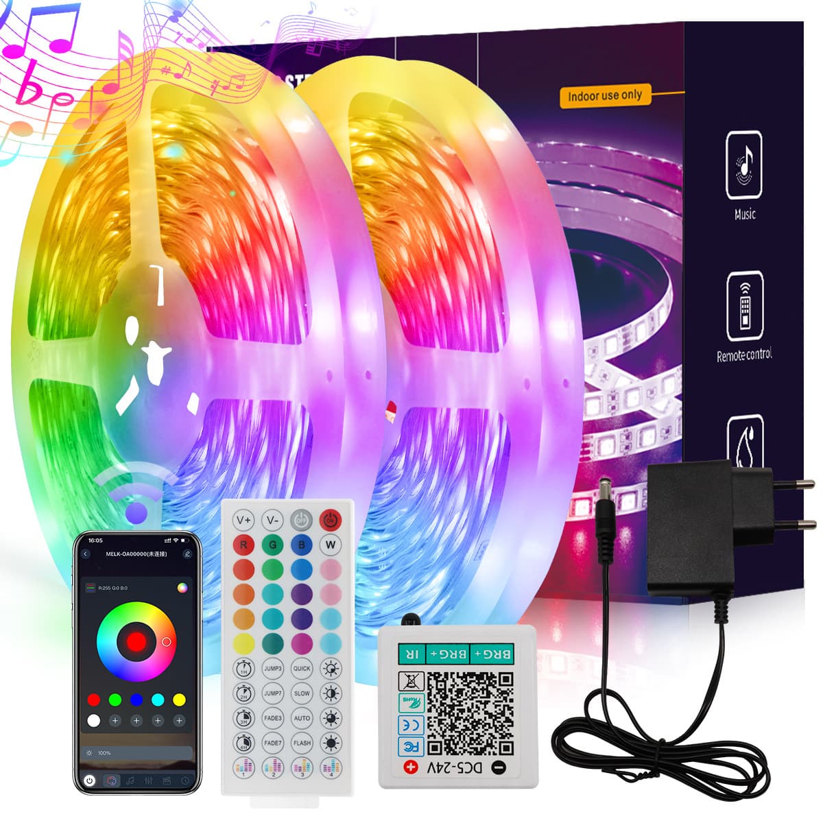 Cross-border LED Strip Light Kit 24V-3535RGB-16 LEDs 44-Key Bluetooth Smart Color-Changing Sound-Activated Strip Light