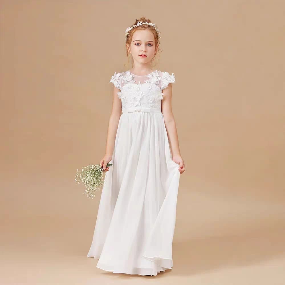 New Children's Formal Dress for Girls, White Flower Girl Wedding Dress, Piano Performance Outfit, First Birthday Party Gown