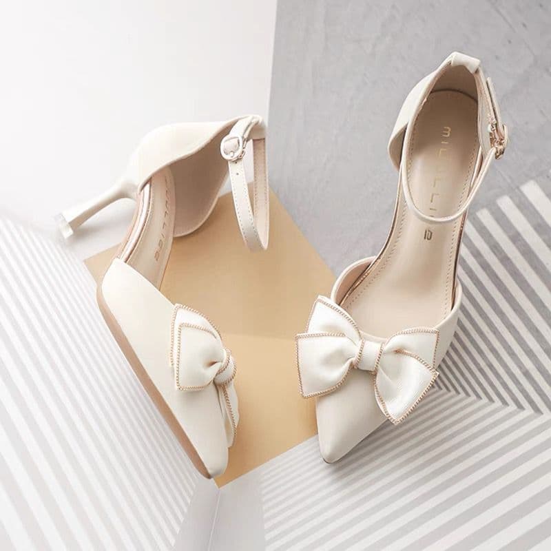French-style Mid Heel Thin Heel Pointed Toe High Heels 2024 Summer New Fairy Shoes Gentle with Dress Bow Flat Shoes for Women
