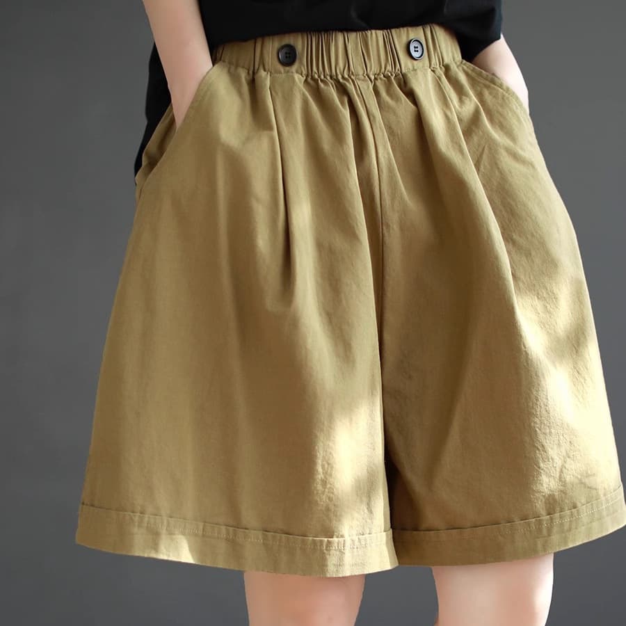 Cotton Six-Color Shorts for Women, Plus Size Loose Summer Retro Solid Color Wide-Leg Cargo Shorts, Elastic Waist Versatile Five-Point Shorts