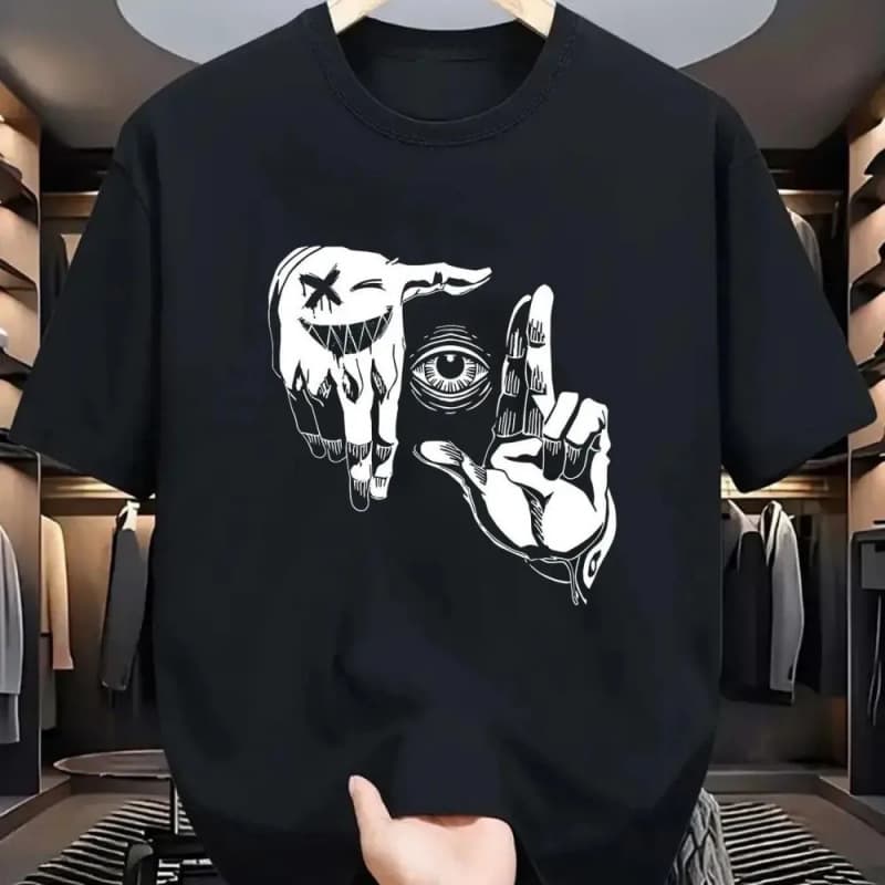 Cross-border Harajuku style male and female students loose gothic style with gesture eyes personalized pattern printed cotton T-shirt