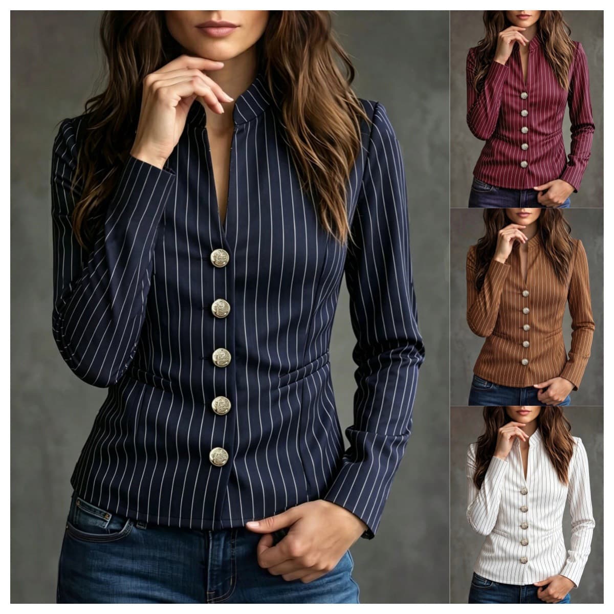 Cross-border European and American style suit jacket, elegant striped stand-up collar, single-breasted retro slim-fitting waist long-sleeved small suit