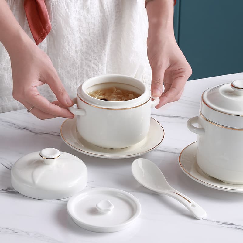 Ceramic Double-Walled Stewing Bowl with Gold Rim, Hotel Style with Lid, Double Cover and Double Handles, Bird's Nest Stewing Bowl Inner Pot, Egg Steaming Cup, Stewing Jar, Small Soup Bowl
