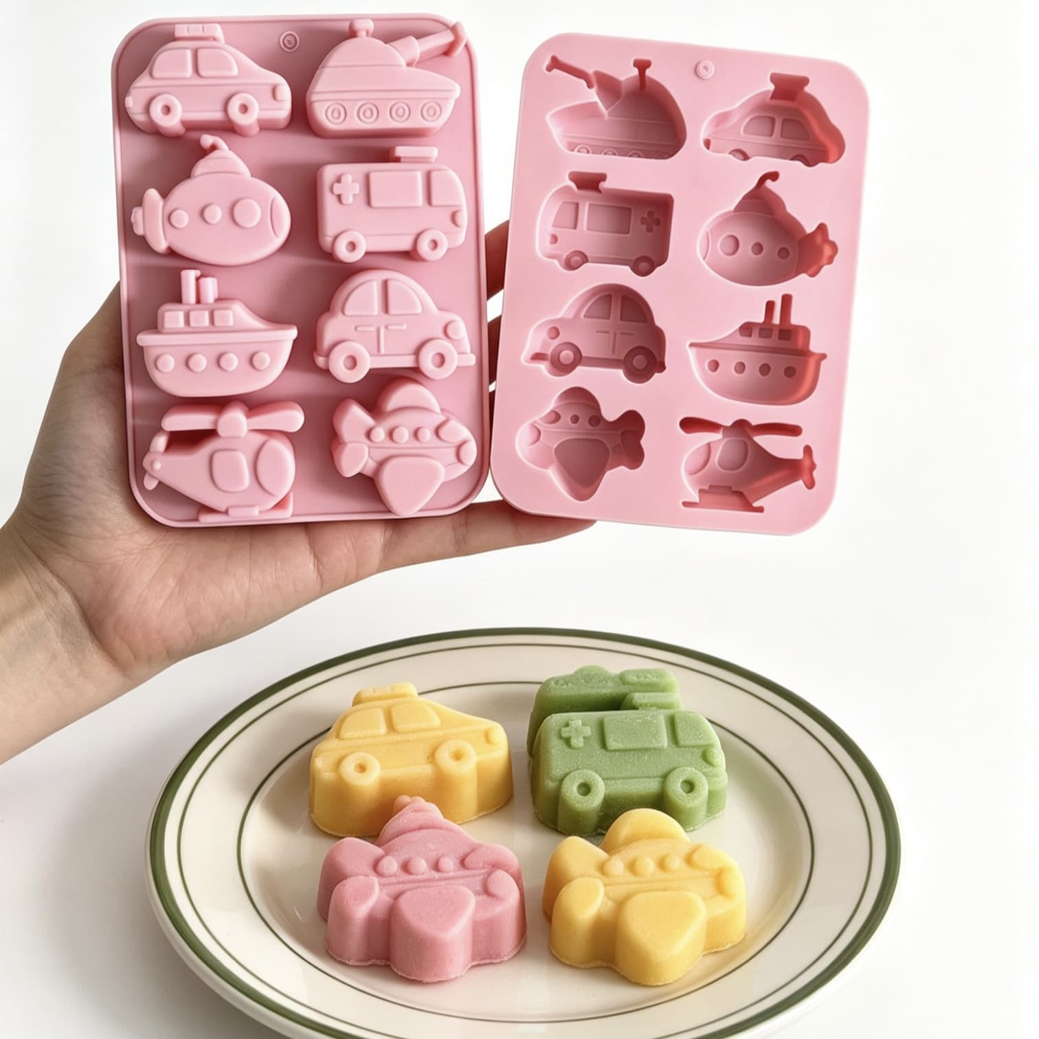 In stock, 8 consecutive 8 different transportation themed silicone molds, chocolate molds, ice tray cake molds