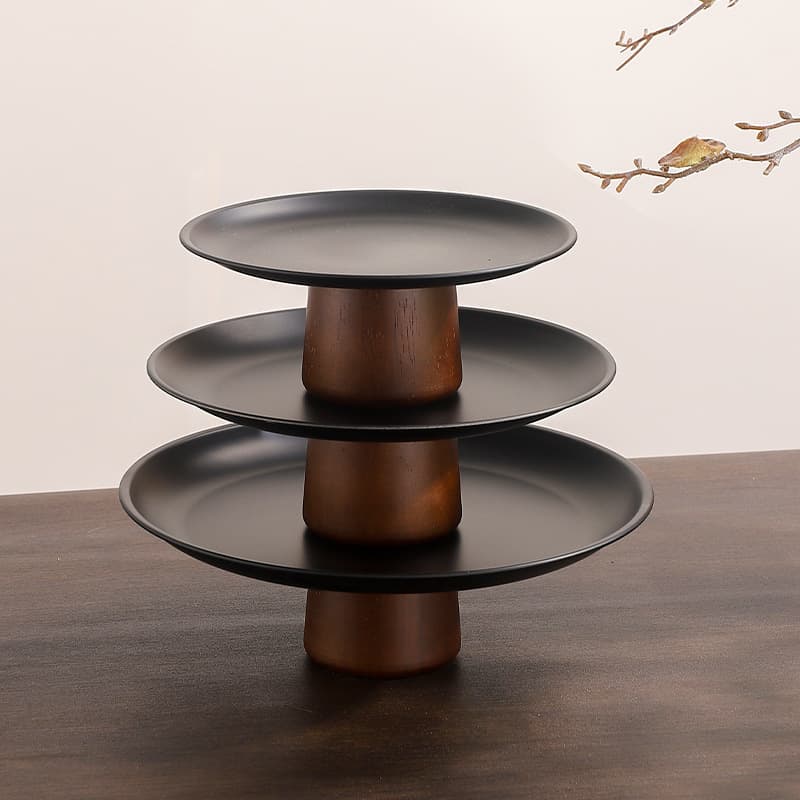 Solid Wood Tall Fruit Tray with Stainless Steel Tray, Nordic Afternoon Tea Tray, Front Desk Candy Tray, Fruit Cake Dessert Plate