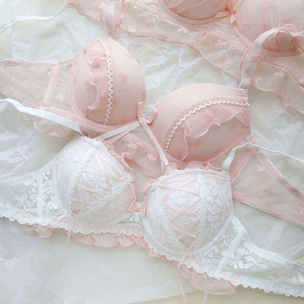 Japanese-style Girl's Private Pink Treasure Lingerie, Sweet Lace Non-Wire Push-Up Thin Cup Bra Set for Small Bust