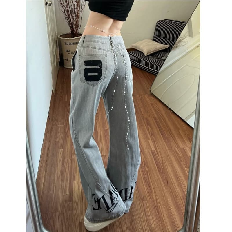 American High Street Dirty Wash Letter Print Jeans for Women Spring Trendy Loose Straight Leg Flared Casual Pants
