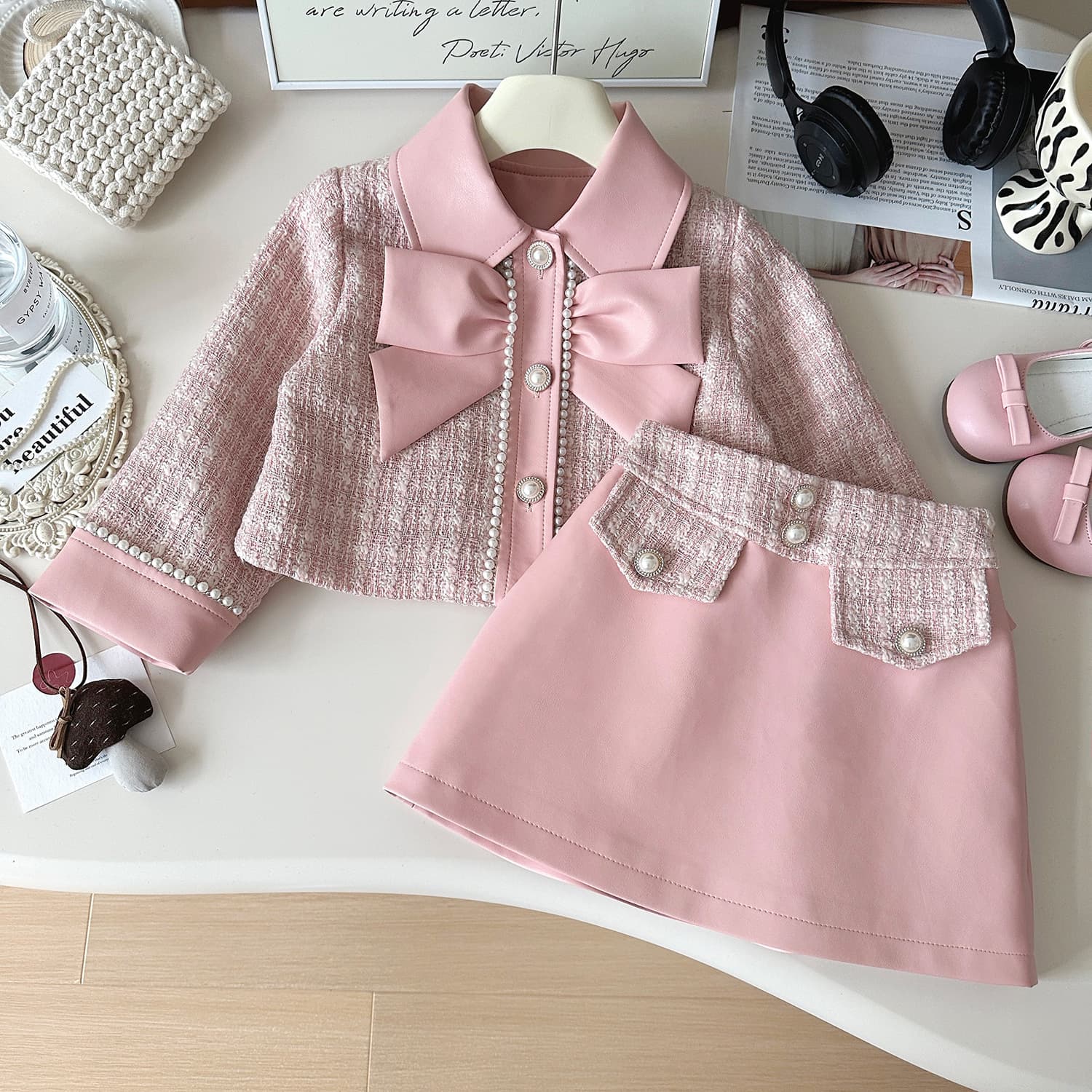 Girls' Fall New Arrival Korean Style Kids' Chanel-Inspired Jacket Pink Elegant Skirt Two-Piece Set Cross-Border Dropshipping
