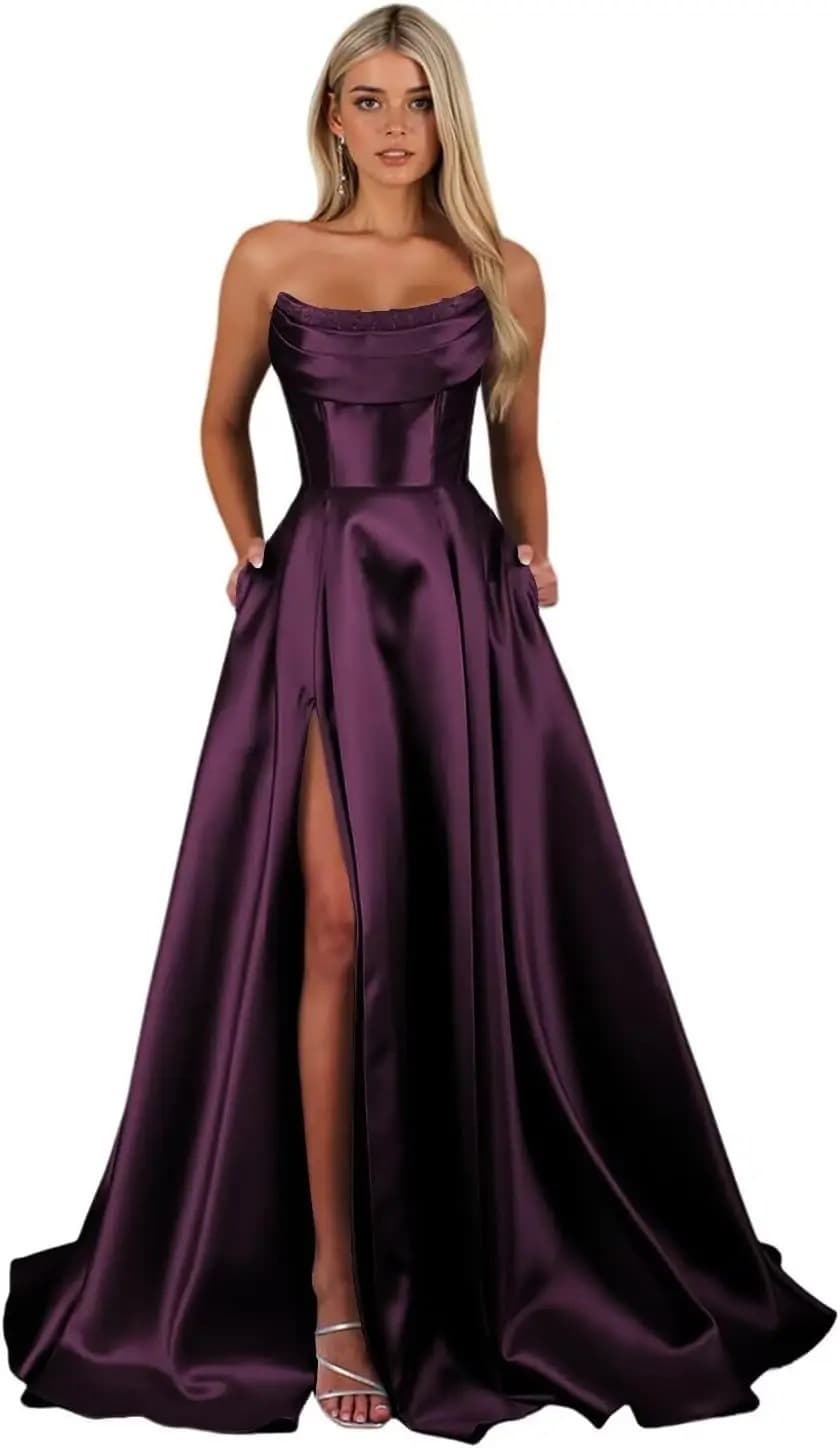 Amazon Evening Dress, AliExpress Satin Bridesmaid Prom Strapless Gown Formal Long Dress Banquet European and American Dress