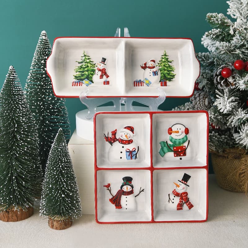 Nordic Countryside Christmas Snowman Ceramic Plate Embossed Western Ceramic Four-Compartment Plate Multi-Functional Divided Plate Two-Compartment Plate