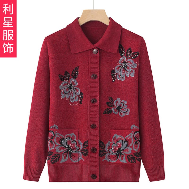 Middle-Aged & Elderly Sweater Women's Thin Loose Mom Spring/Autumn Red Old Lady Grandma Spring Cardigan, Elderly Jacket