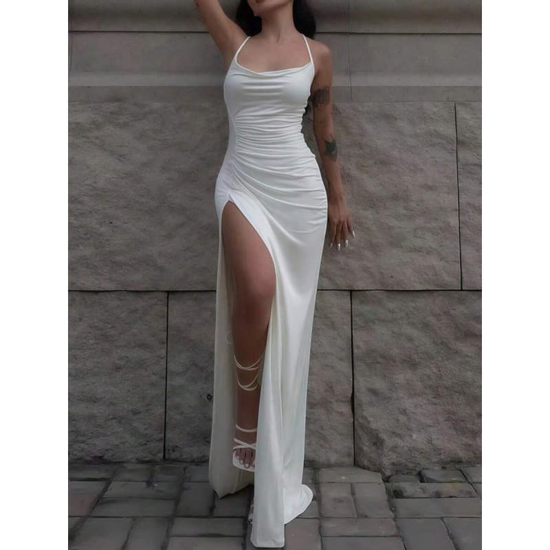 Cross-Border Women Dresses Slim Fit Pleated Draped Neckline High Slit Cross Strap Dress