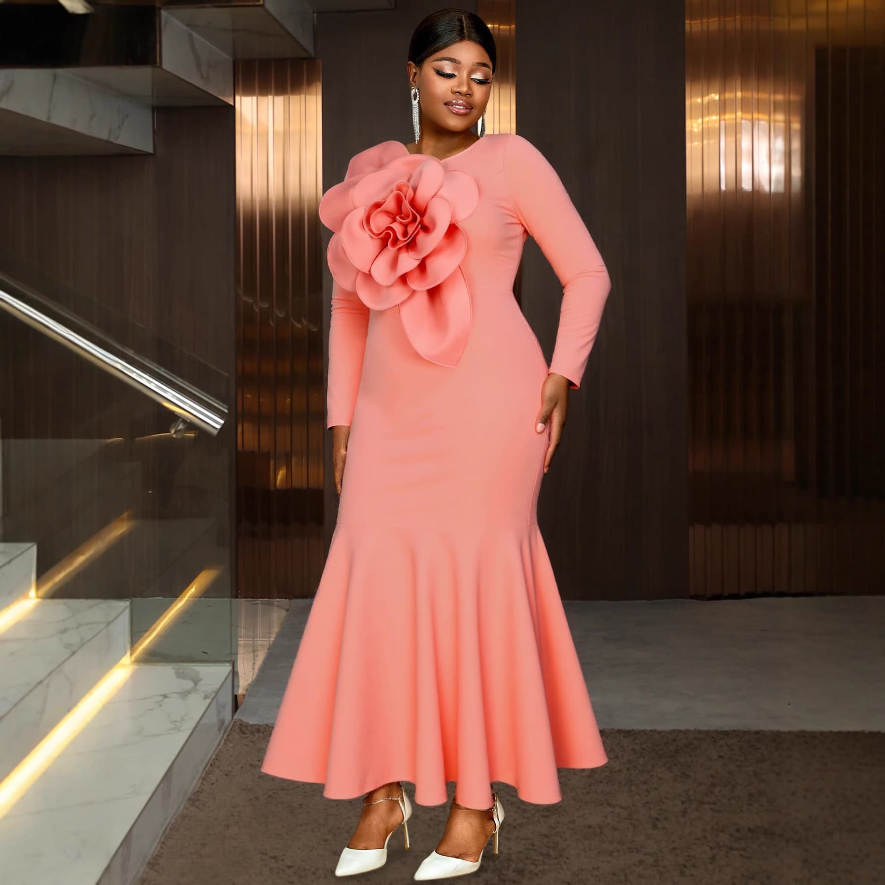 Plus Size Women's Pink 3D Floral Long Sleeve Mermaid Dress Elegant Fashion Party Dresses