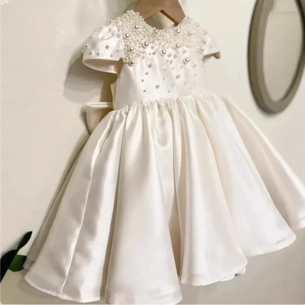 Girls White Pearl Dress Children's Birthday Sweet Princess Dress Daily Casual Elegant