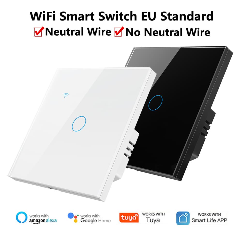 EU Standard WiFi Smart Touch Panel Switch Single Live Wire/Live-Neutral Wire Universal