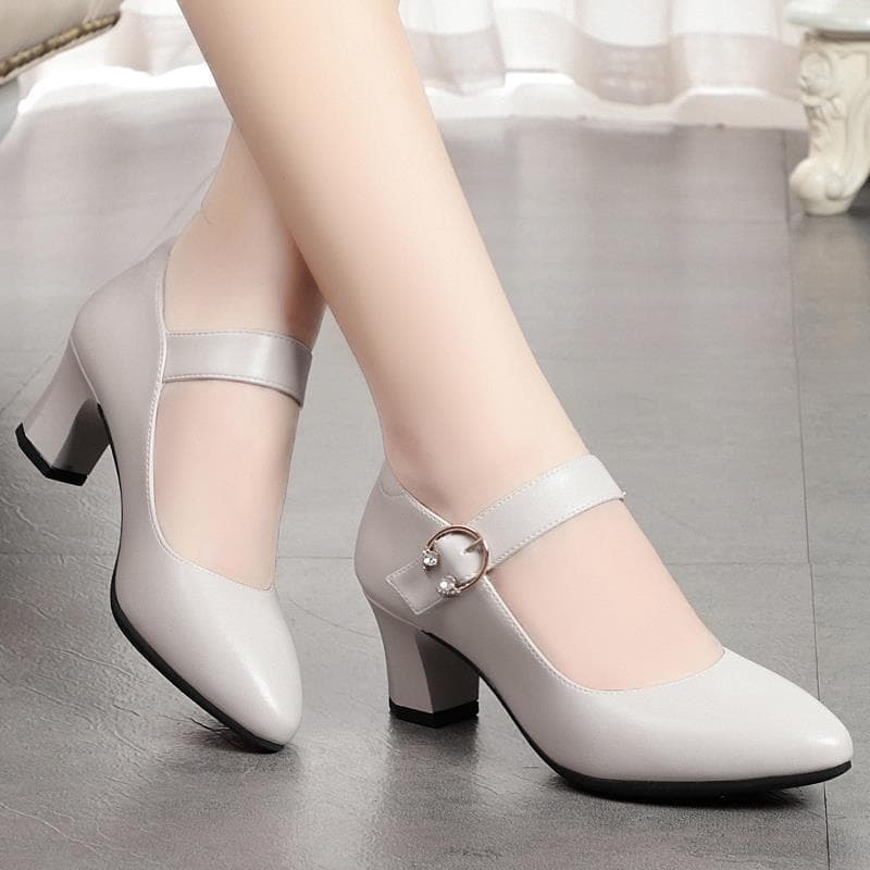 Women's Loafers Spring Autumn 2026 New Style Soft Sole Chunky Heel Single Strap High Heel Shoes Mid Heel Round Toe Leather Shoes
