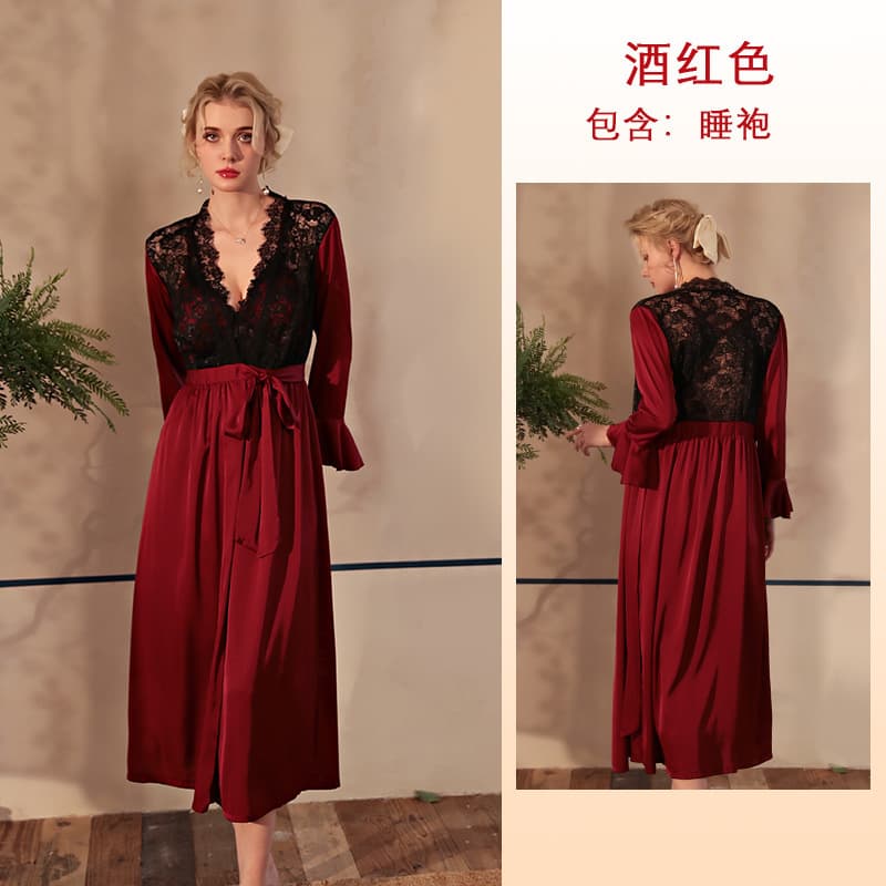 Mufei European and American Cross-border Sexy Women's Silk-like Robe Long Nightgown for Autumn and Winter Skin-touch Morning Robe Homewear