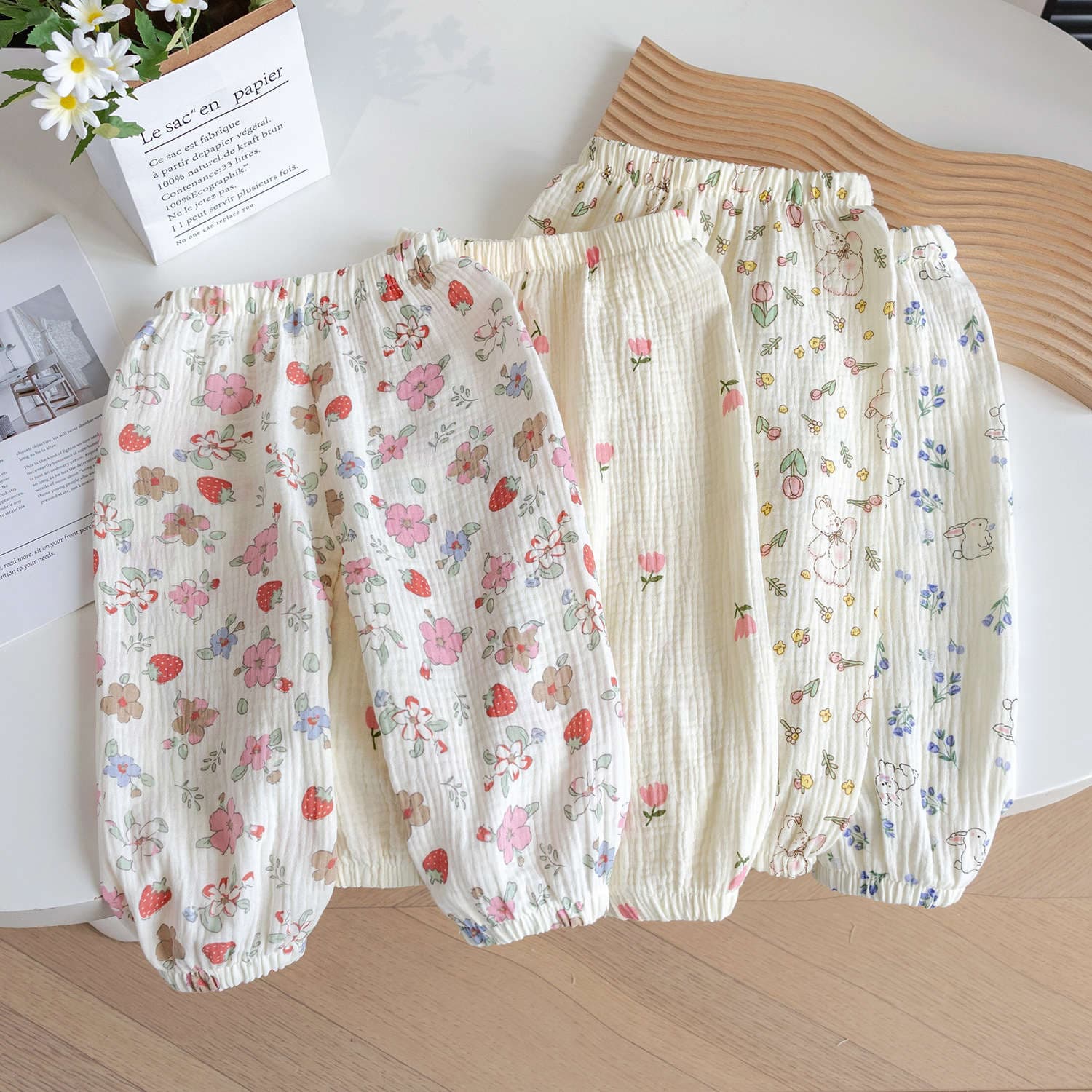 Girls Summer Cotton Gauze Mosquito-Proof Pants 2024 New Floral Long Pants Baby Air Conditioning Pants Bloomers Summer Cuffed Pants