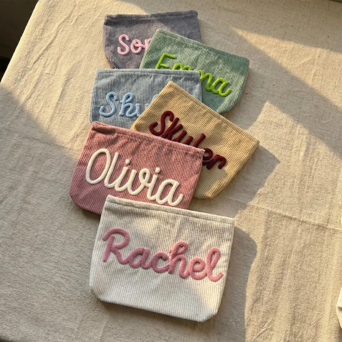 Etsy Handmade Chunky Yarn Personalized Name Corduroy Cosmetic Clutch Wash Bag Coin Purse Travel Lipstick Bag
