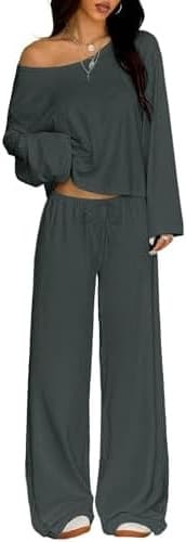 European and American Style Off-Shoulder Long Sleeve Set for Women, Short Crop Top with Drawstring Wide-Leg Pants, Casual Two-Piece Set for Export