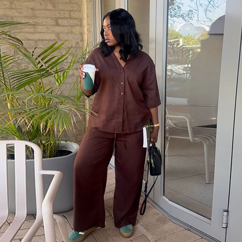 European and American Women's Clothing 2025 Autumn New Sweet Fresh V-Neck Half-Sleeve Shirt High-Waist Straight-Leg Pants Two-Piece Set