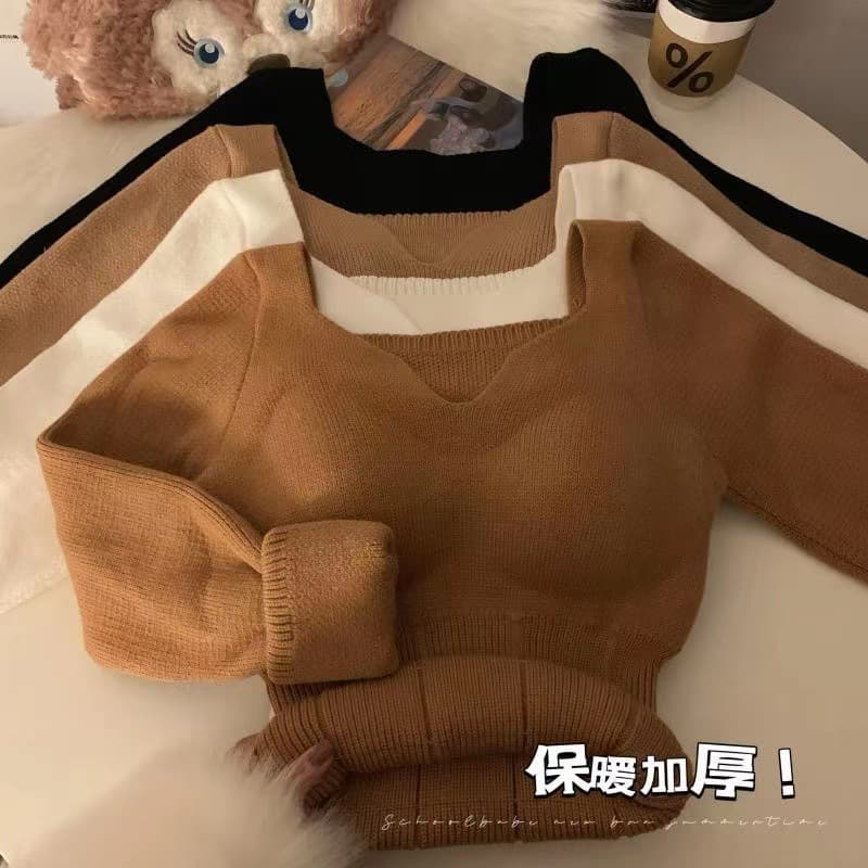 Women's thermal underwear with built-in bra pads, long-sleeved knitted sweater, suitable for autumn and winter, can be worn as an inner or outer layer.