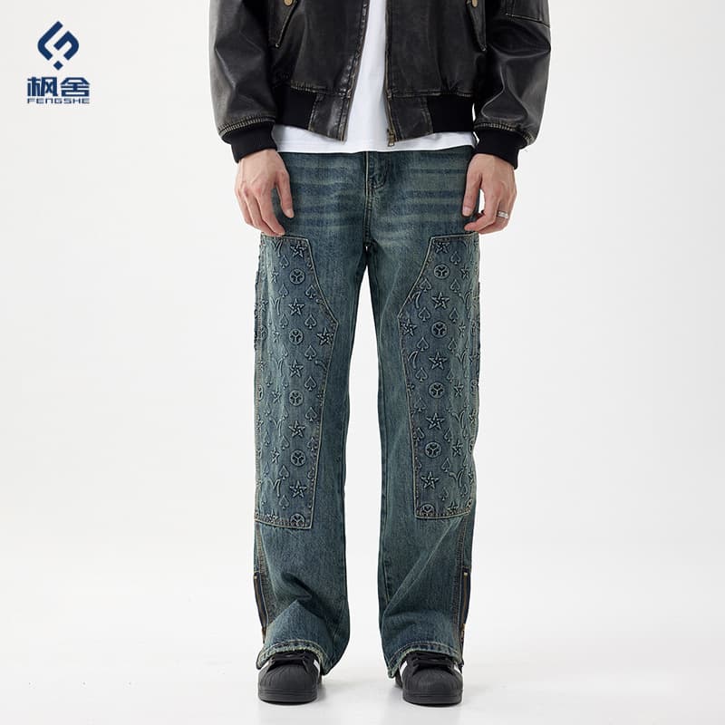 Fengshe Men's Wear/Spring and Autumn New Trendy Brand Jeans Men's Loose Straight High Street Workwear Heavy Press Printed Trousers