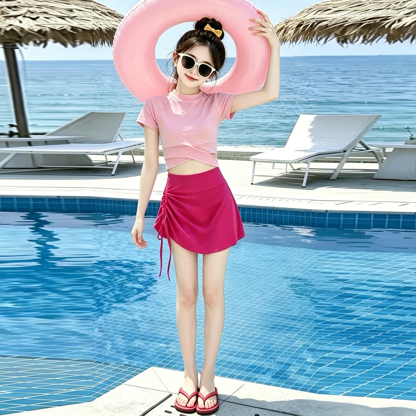 Girls' Swimwear 2026 New Style Super Pretty Pink Two-Piece Swimsuit for Girls Older Kids Beach Vacation Swimming Suit