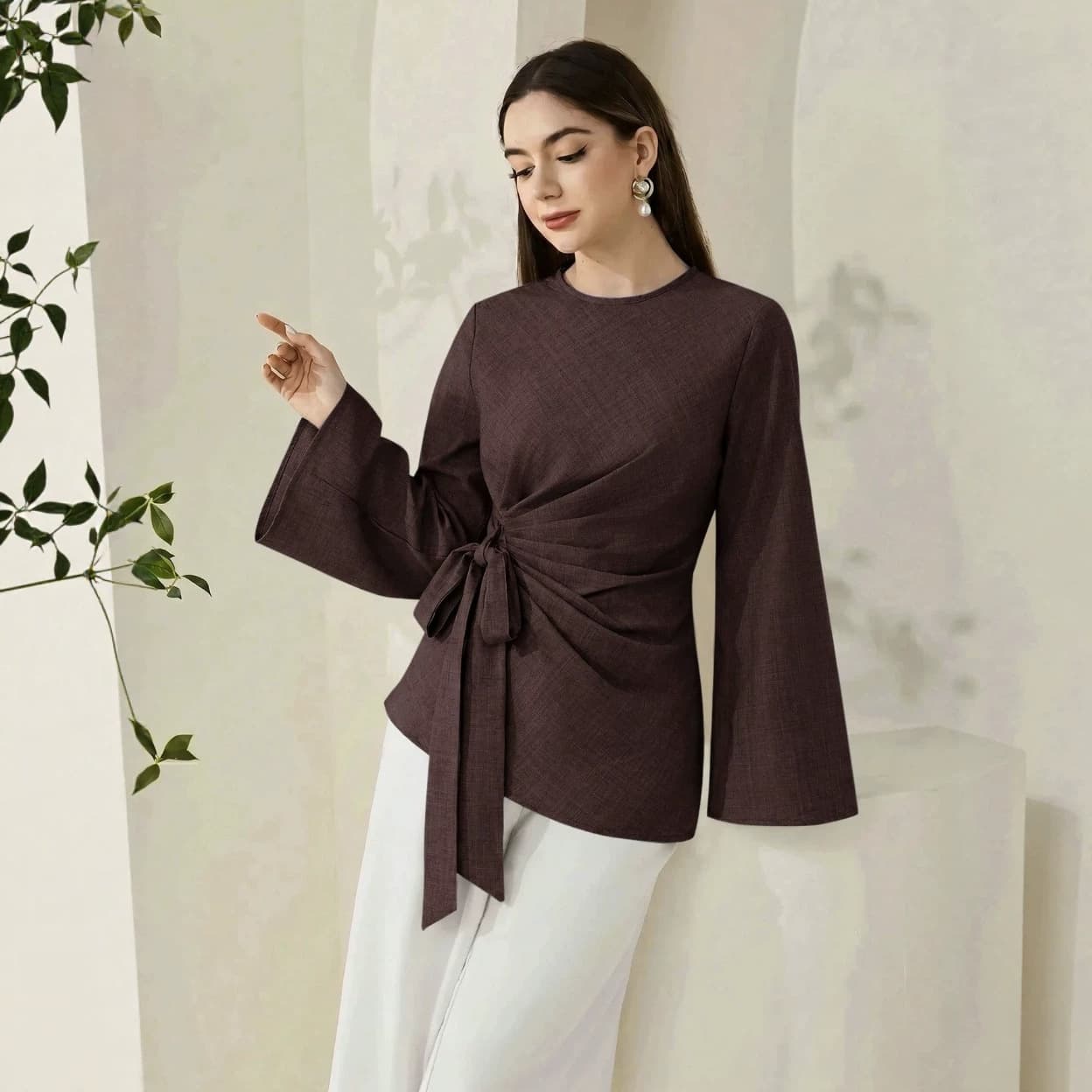 European and American temperament fashion top round neck long streamer bow asymmetrical intellectual solid color shirt