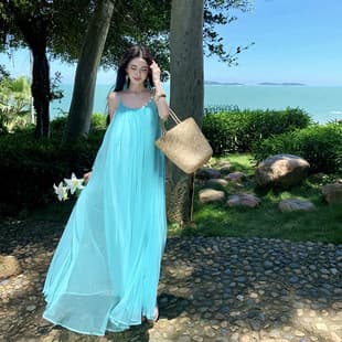 Sanya Island Strappy Dress Women Summer Gentle Style Beach Vacation Loose Long Dress