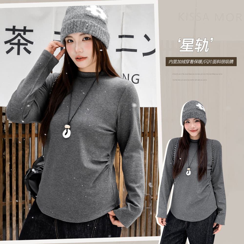 Simple high-neck pleated fleece sequined T-shirt, new winter style, plus size women's clothing, waist-cinching base layer 66108