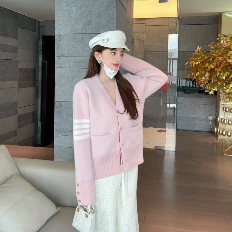Autumn Winter Four Stripe New Loose Imitation Mink V-Neck Long Sleeve Knit Cardigan