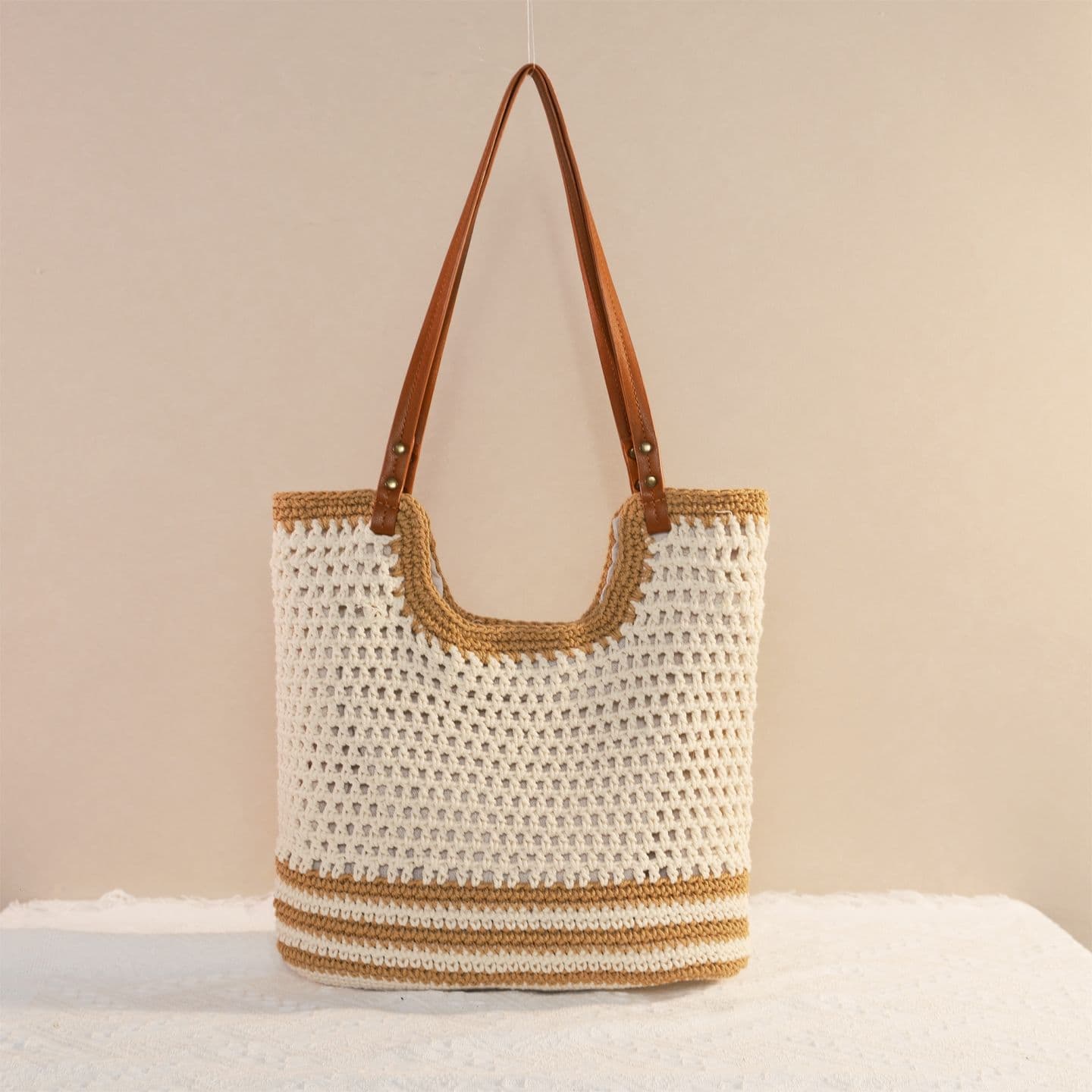 New Color-Block Cotton Rope Straw Woven Bag Casual Handmade Woven Bag Women Large Capacity Single Shoulder Tote Bag Vacation Beach Bag