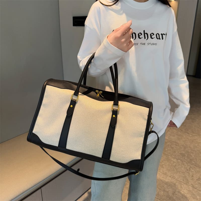 Cross-border retro women's handbag canvas travel luggage bag sports fitness short-distance large-capacity contrasting color travel bag