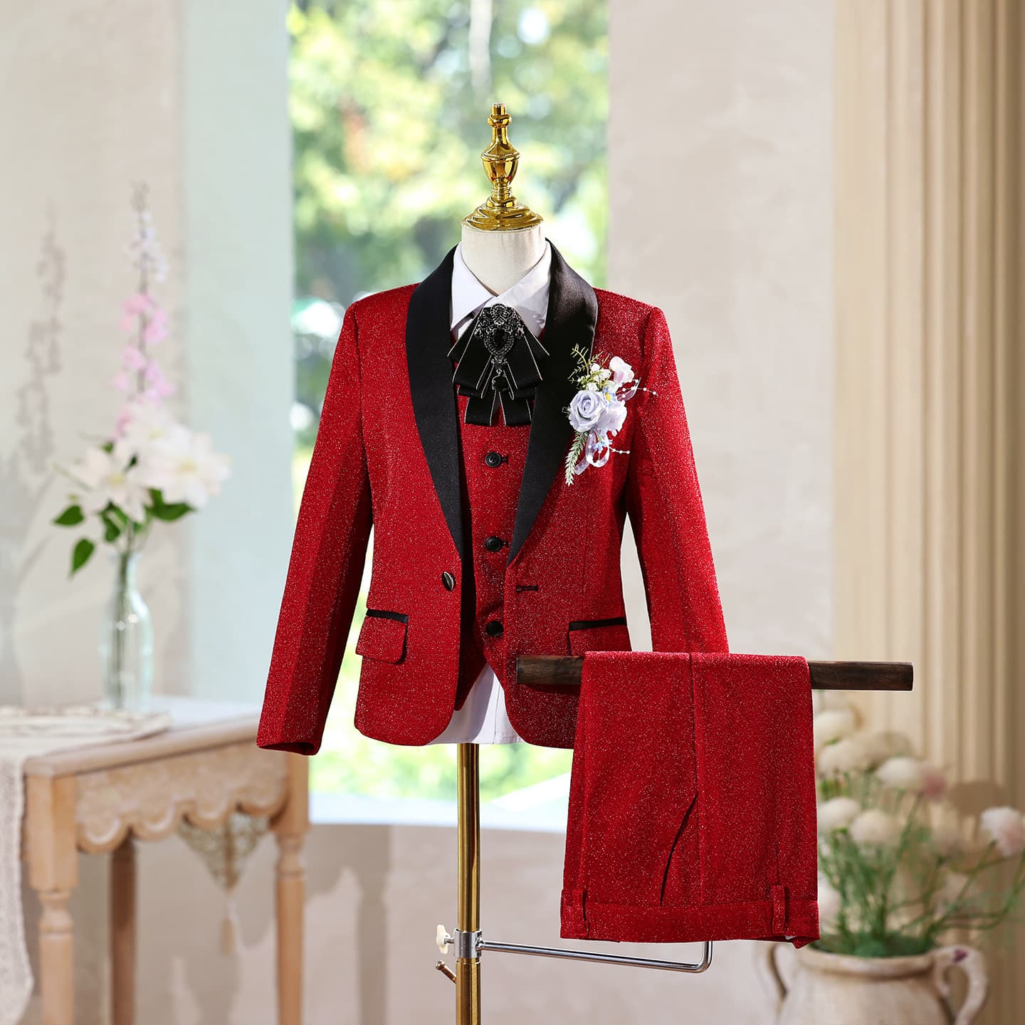 Children's suit, handsome British evening party red bright silk host dress, boy model catwalk suit