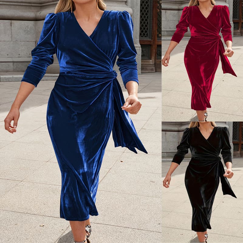 2024 Fall/Winter Best-Selling Cross-Border V-Neck Elegant Casual Solid Color Long-Sleeve Dress for Women