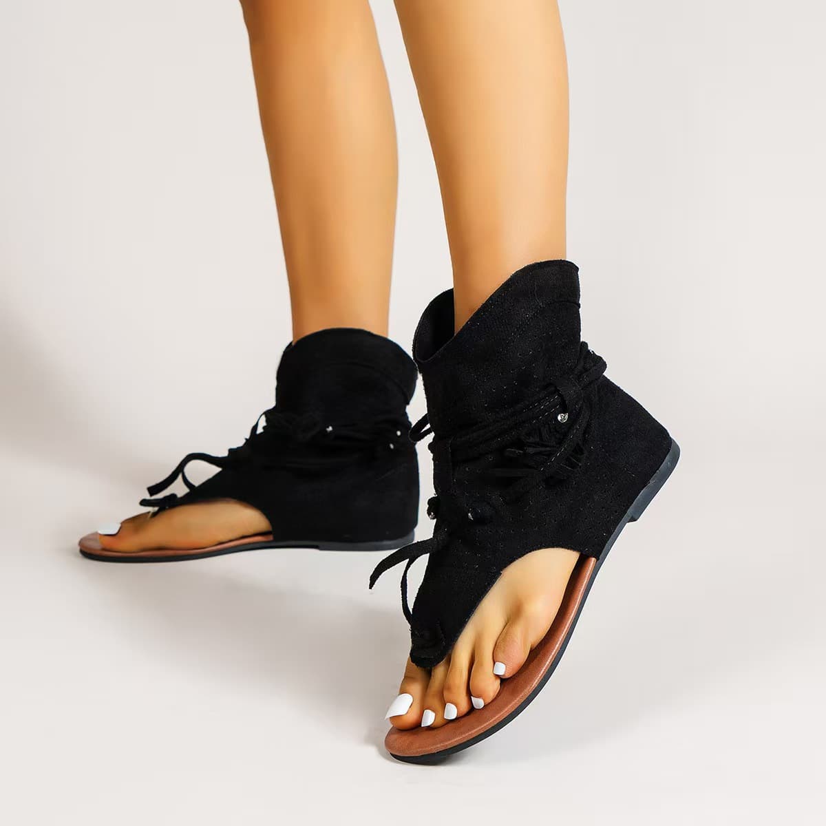Wish Amazon Export Large Size Women's Retro Fabric Flat Tassel Toe Ring Roman Sandals In Stock