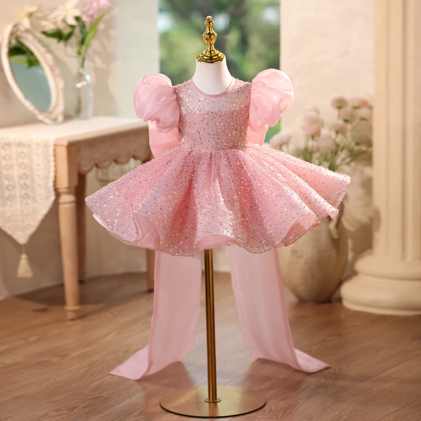 Children's Sequin Dress with Puff Sleeves, Flower Girl Wedding Little Girl Birthday Princess Dress, Piano Performance Outfit