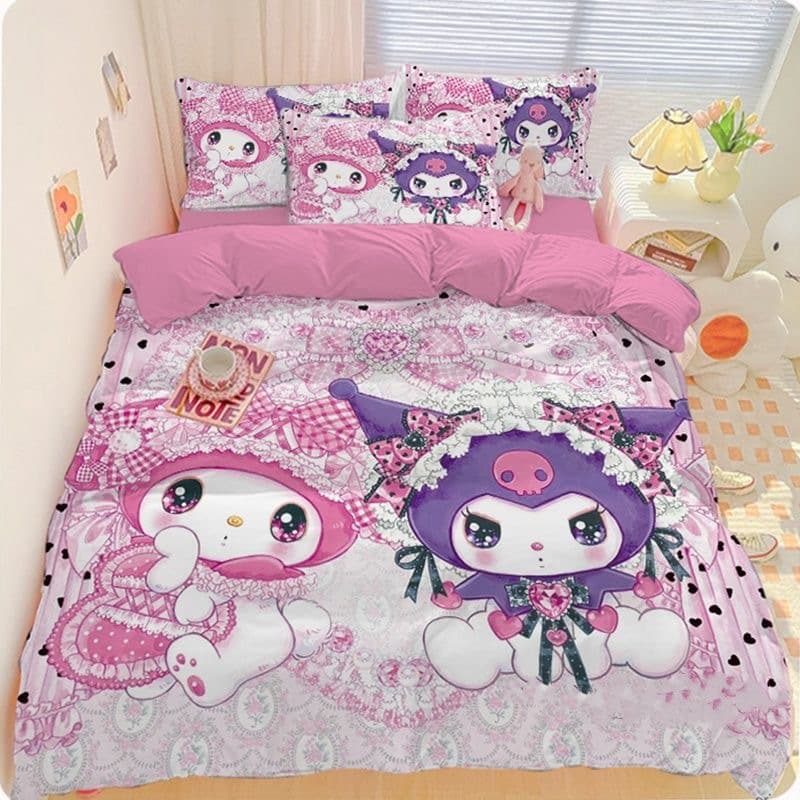 2026 new hot-selling Kuromi cute cartoon brushed three-piece set, dormitory room cross-border bedding set, four-piece set
