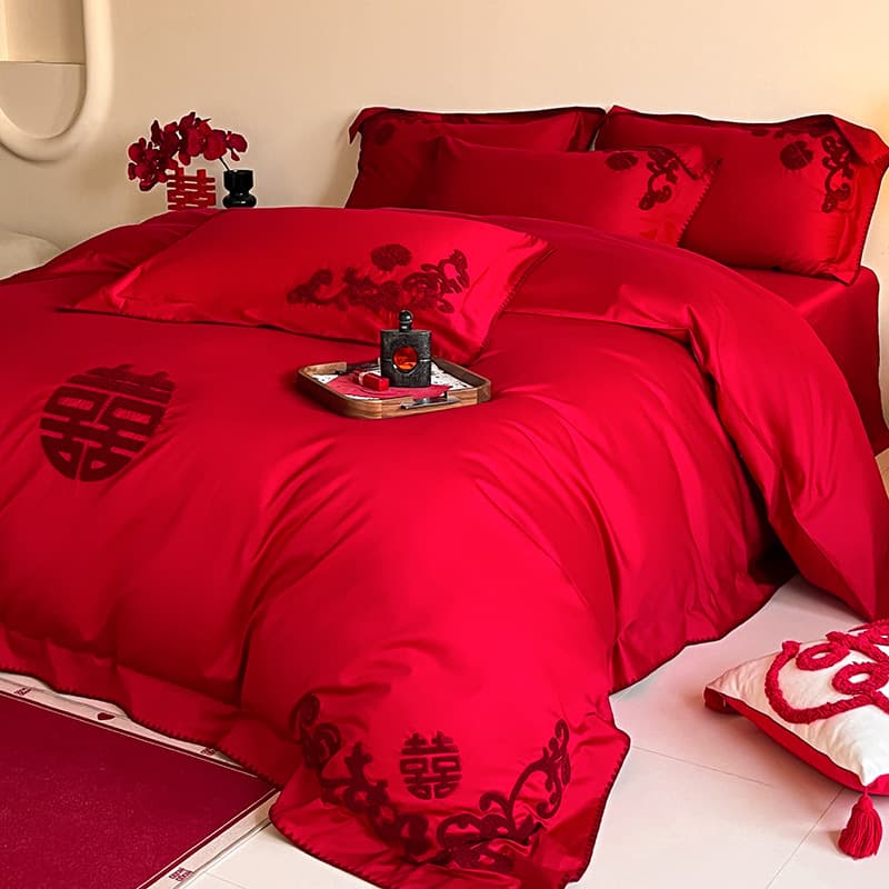 Bright Red Embroidered Wedding Bedding Set, 4-Piece or 7-Piece Bridal Dowry Quilt Set