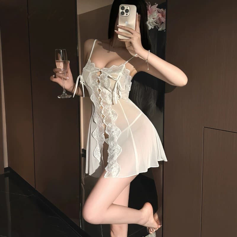 Shang Xiaolou Sexy Sleepwear Women Summer 2026 New Mesh Transparent Front Button Camisole Nightgown Set with Panties