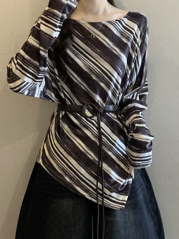 Maillard Brown Stripe Regular Shoulder Long Sleeve T-Shirt Women's New Autumn Plus Size Irregular Top