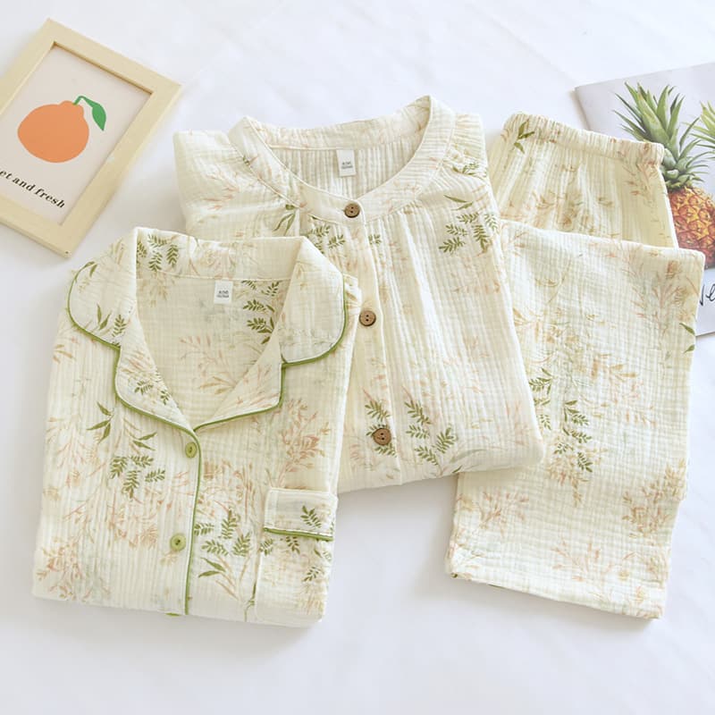 Pastoral style pure cotton gauze pajamas for women spring and summer cardigan double layer soft cotton crepe home cover
