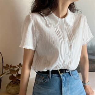 Lightweight Summer Women's Loose Fit White Short Sleeve Blouse, Korean Style, Slimming