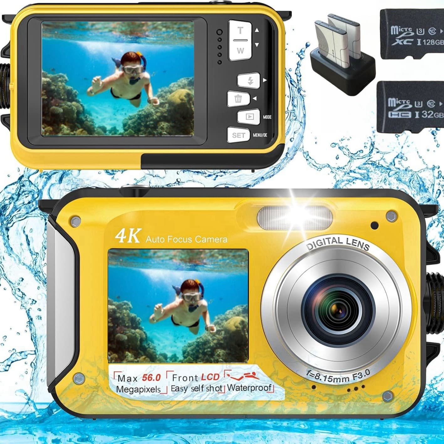 4K English Version Underwater Camera 56MP Auto Focus Waterproof Digital Camera with Selfie HD Dual Screen