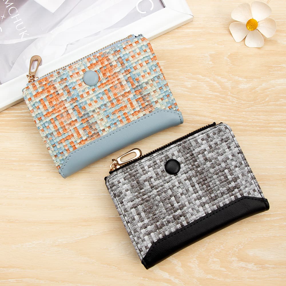 New woven Chanel-style ladies' short wallet with houndstooth pattern, bifold coin purse with snap button and zipper